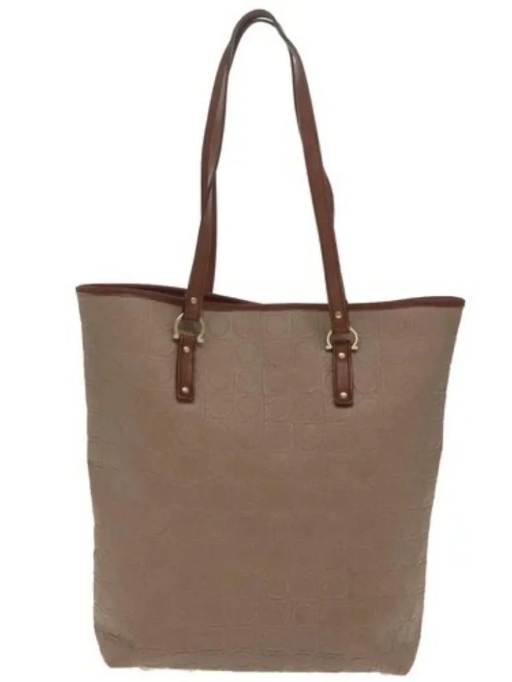 Salvatore Ferragamo Gancini Tote Bag PVCCanvas Brown Gold Auth bs19508